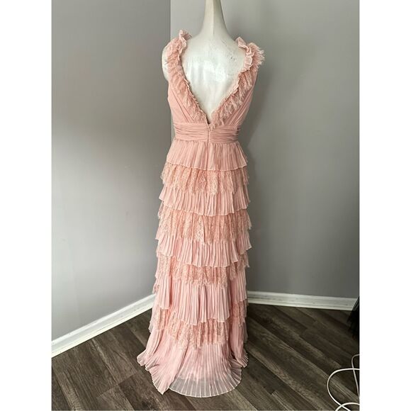 NWT Mac Duggal Sleeveless Chiffon V Neck Tiered Ruffle Dress Dusty Pink Size 2 - Picture 5 of 7